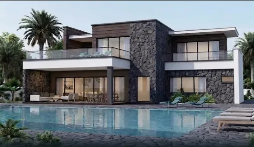 הדמיית וילה מודרנית בחיפוי אבן כהה עם דקלים ובריכה גדולה